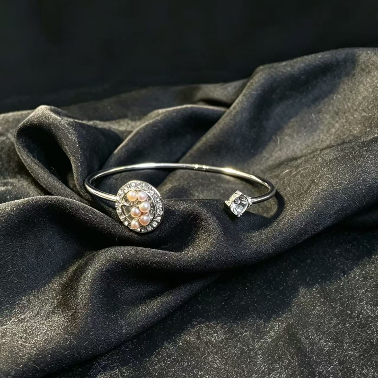 S925 Sliver Tree Design Freshwater Pearl Bangle only 1（2mm）