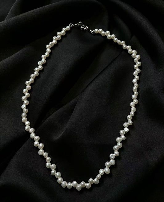 S925 Sliver Zigzag Design Freshwater Pearl Necklace 40+5cm（4mm）
