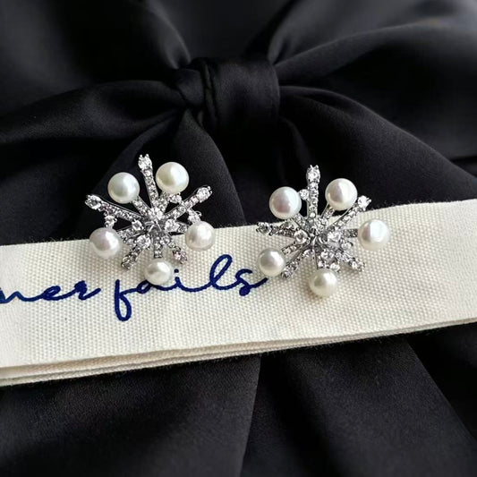 S925 Sliver Snowflake Design Freshwater Pearl Earring（5mm）